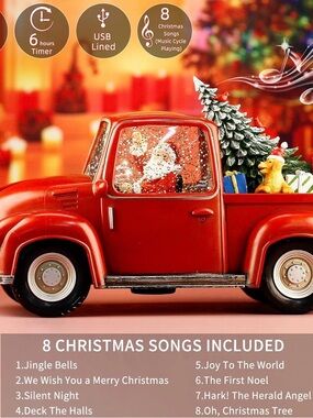 Red Santa Truck Holiday Music Snow Globe Figurine